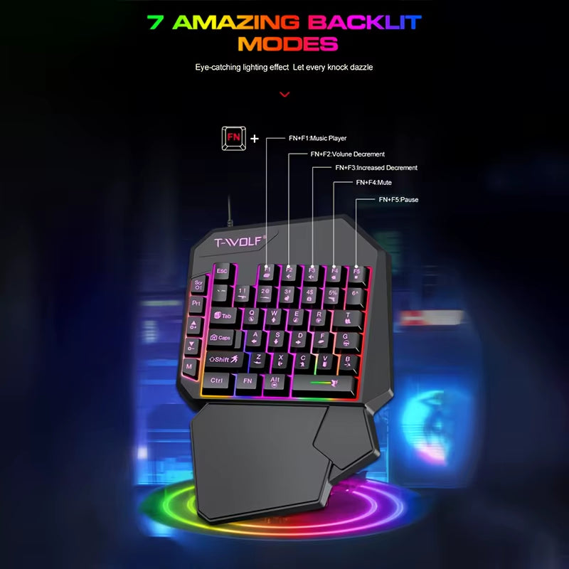 One-Handed Wired Keyboard and Mouse Colorful Luminous Gaming Keyboard and Mouse Suitable for Mobile Phone Use Gaming
