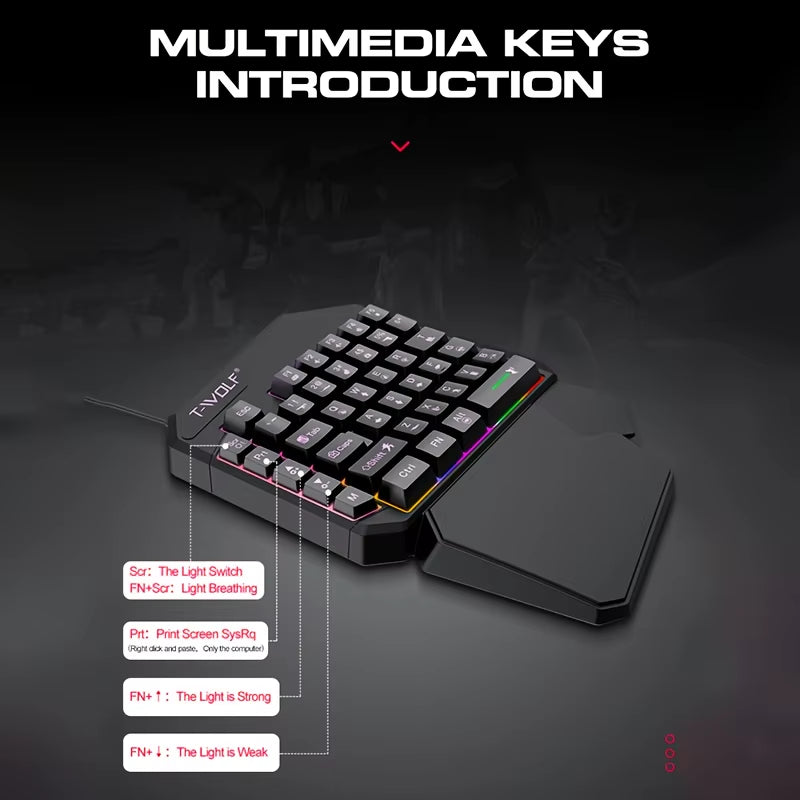 One-Handed Wired Keyboard and Mouse Colorful Luminous Gaming Keyboard and Mouse Suitable for Mobile Phone Use Gaming