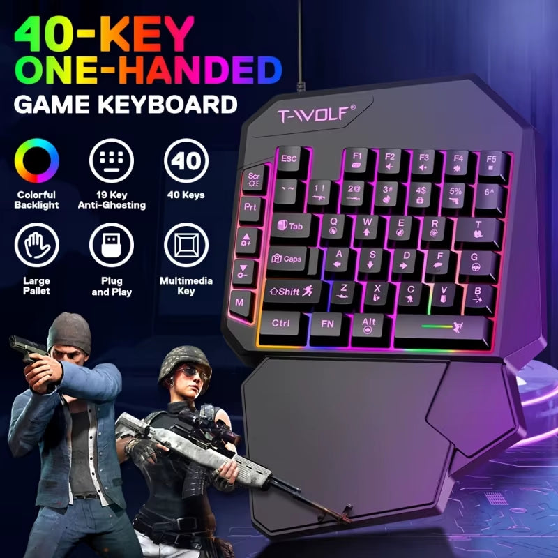 One-Handed Wired Keyboard and Mouse Colorful Luminous Gaming Keyboard and Mouse Suitable for Mobile Phone Use Gaming